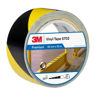 3M Gefahrenmarkierungsband 5702, Gelb/Schwarz, 50 mm x 33 m, 0.14 mm, Einzeln praktisch verpackt